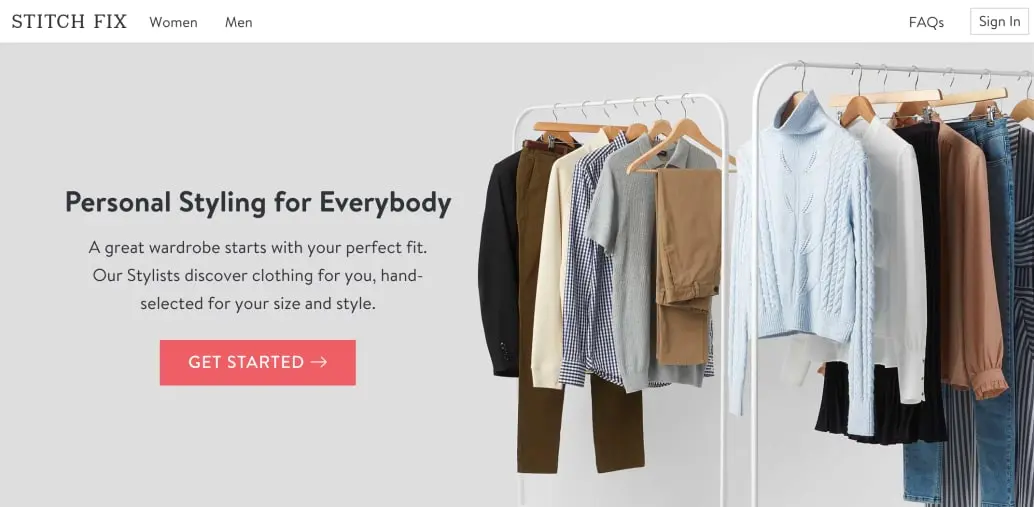 Stitch Fix landing page promoting personal styling services.