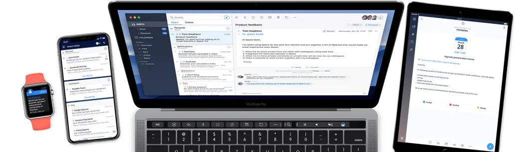 Spark app interface showing email management across multiple devices.