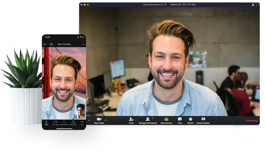 Portrait of a smiling man participating in a Zoom meeting.