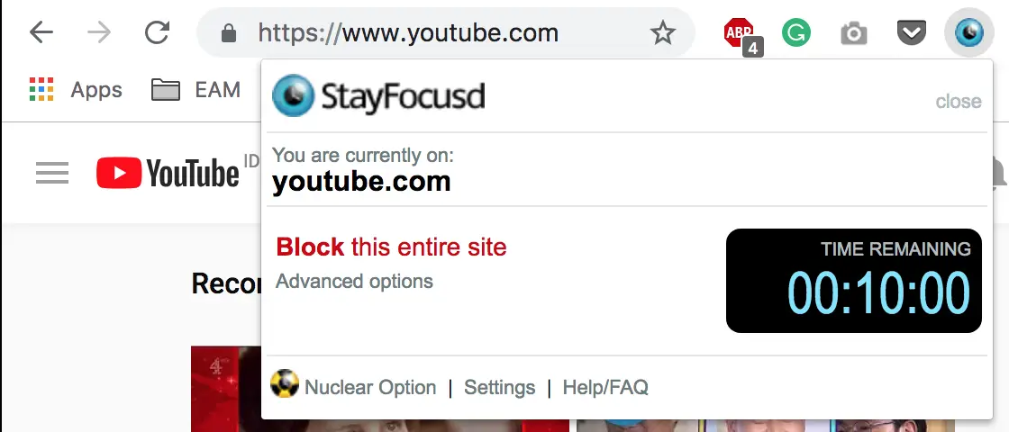 StayFocusd showing time limit feature for youtube.com with 10 minutes remaining.