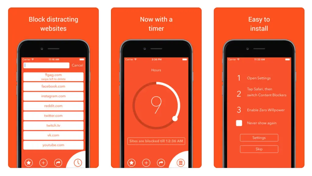 Freedom app showing website blocking features and timer for usage control.