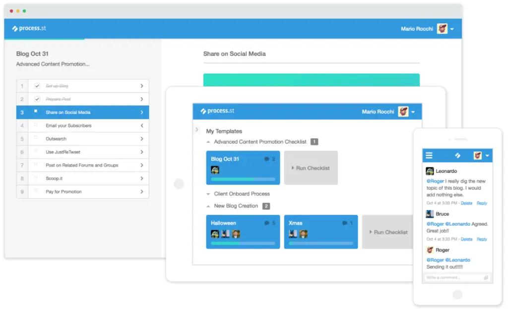 Process.st dashboard displaying template management and checklist workflows.