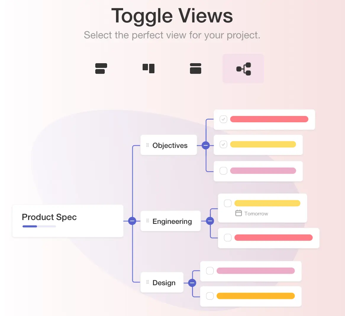 Taskade view toggling interface showing project workflow options.