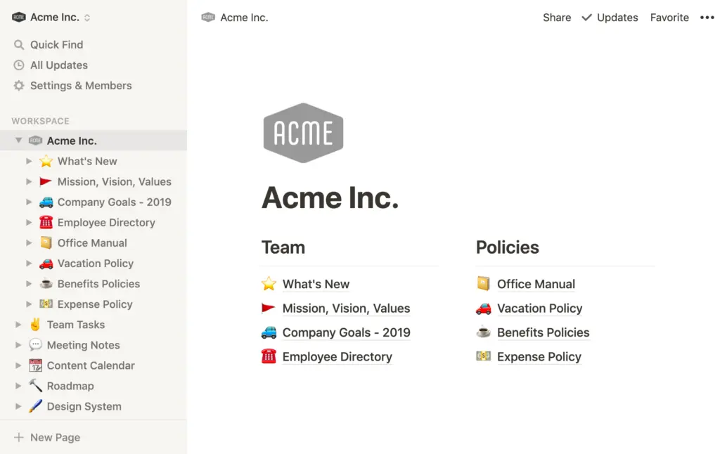 Notion workspace displaying team and policy documents for Acme Inc.