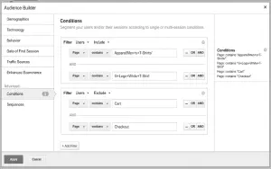 Audience Builder showing user segmentation conditions.