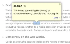 Google Dictionary Chrome extension highlighting a word with its definition.
