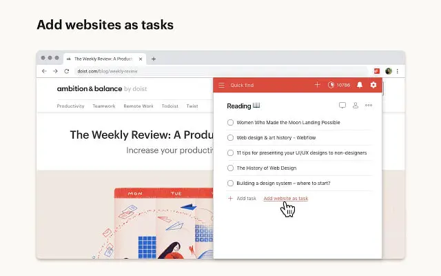 Todoist showing the addition of websites as tasks.