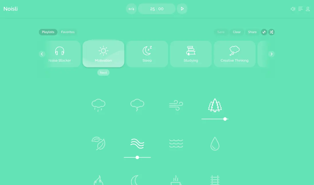 Noisli interface showing sound mixing options for relaxation and productivity.