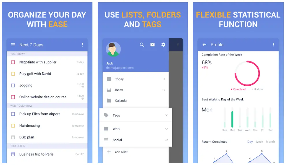 TickTick interface showing task management features and user profile.