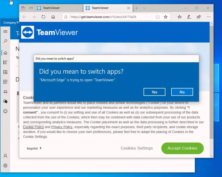 TeamViewer interface displaying a prompt to switch apps.