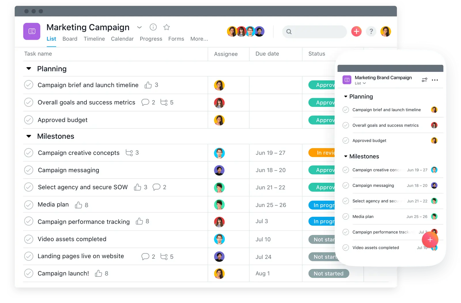 Asana project management tool displaying a marketing campaign board with tasks and timelines.