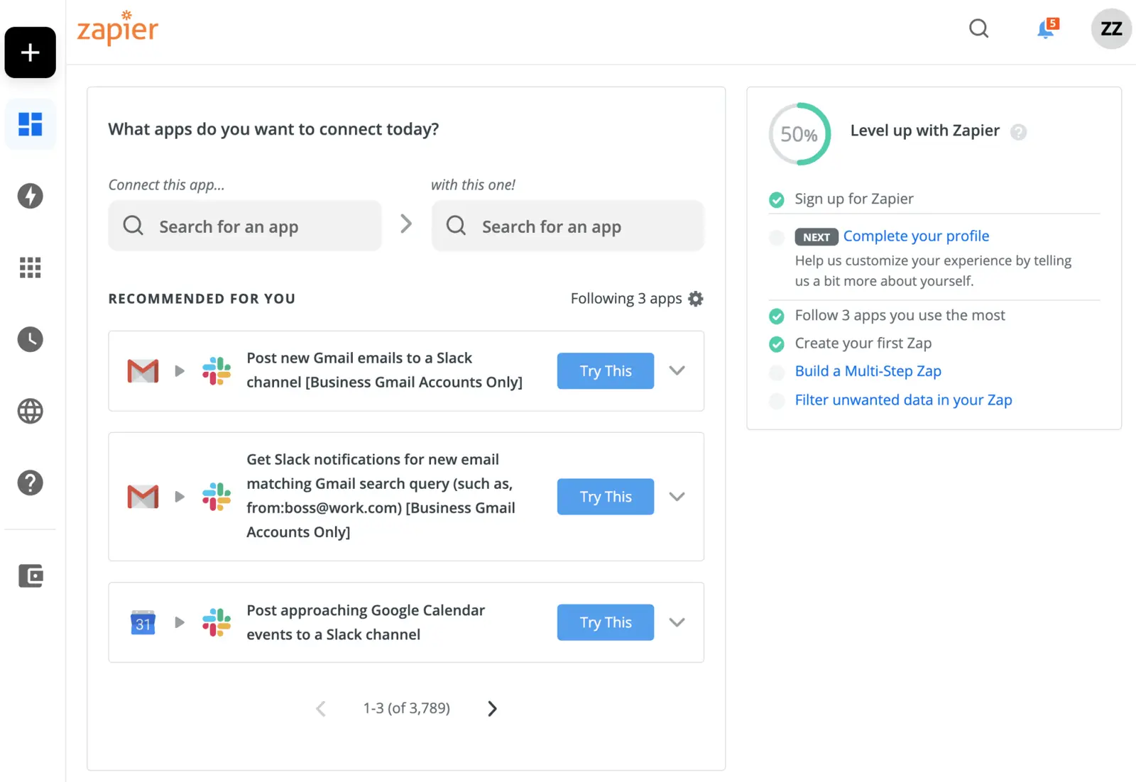 Zapier app recommending Gmail and Slack integrations for automation tasks.