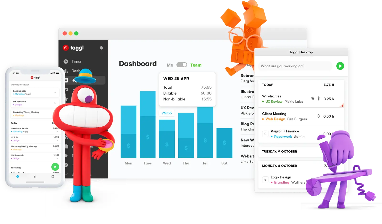 Toggl dashboard displaying time tracking data and project metrics.