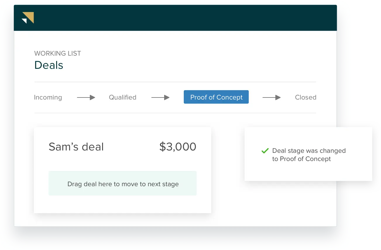 Zendesk Sell working list showing deal stages and details.