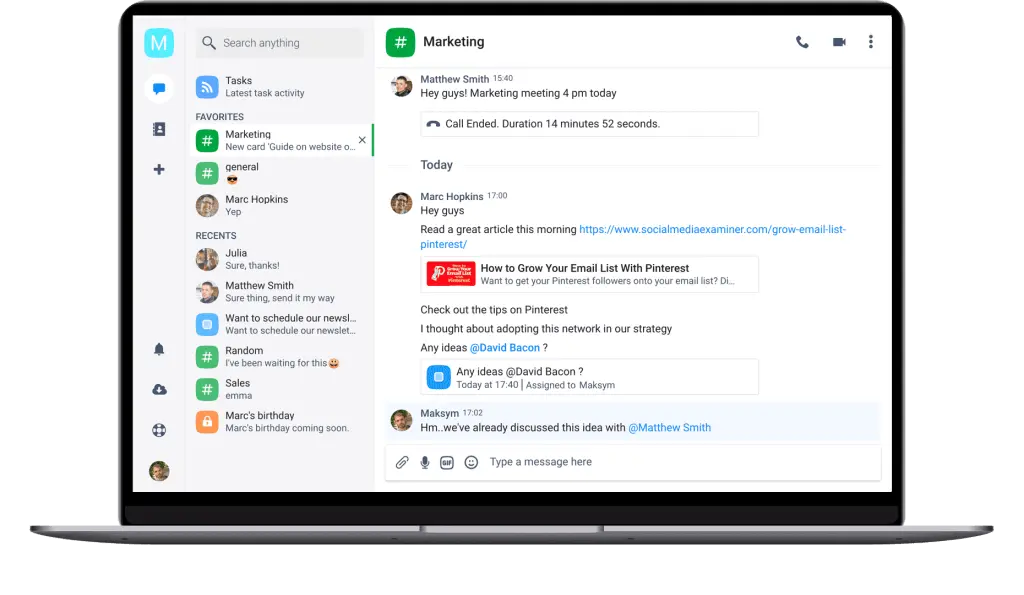 Chanty chat interface displaying marketing conversation and task list.