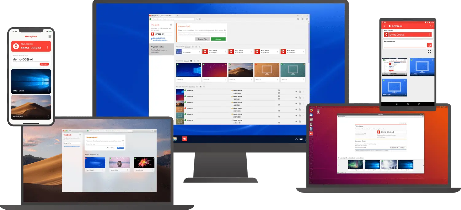 Cross-platform remote access software interface displaying multiple devices.