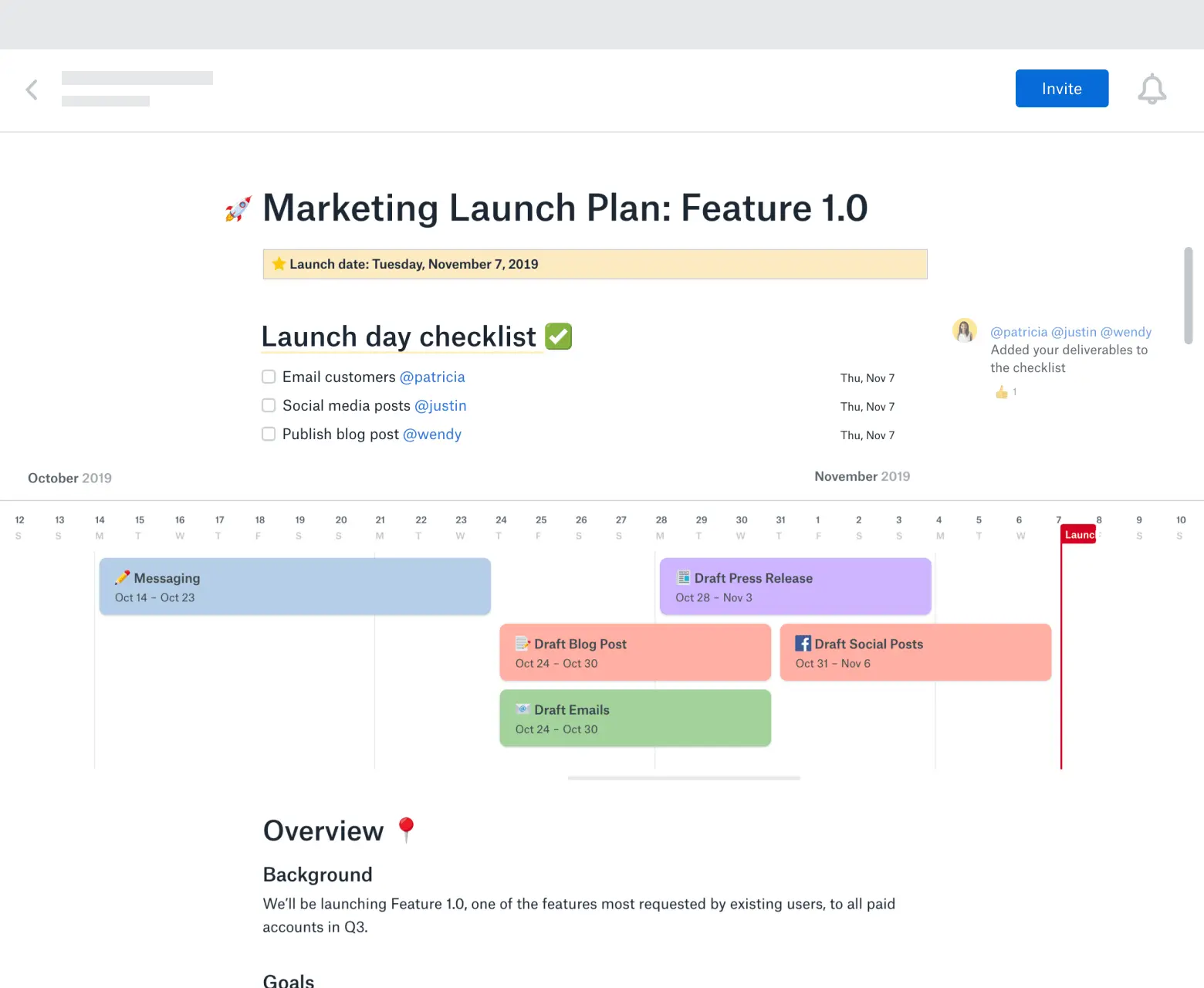 Notion timeline showing a marketing launch plan with a checklist and tasks for various dates.