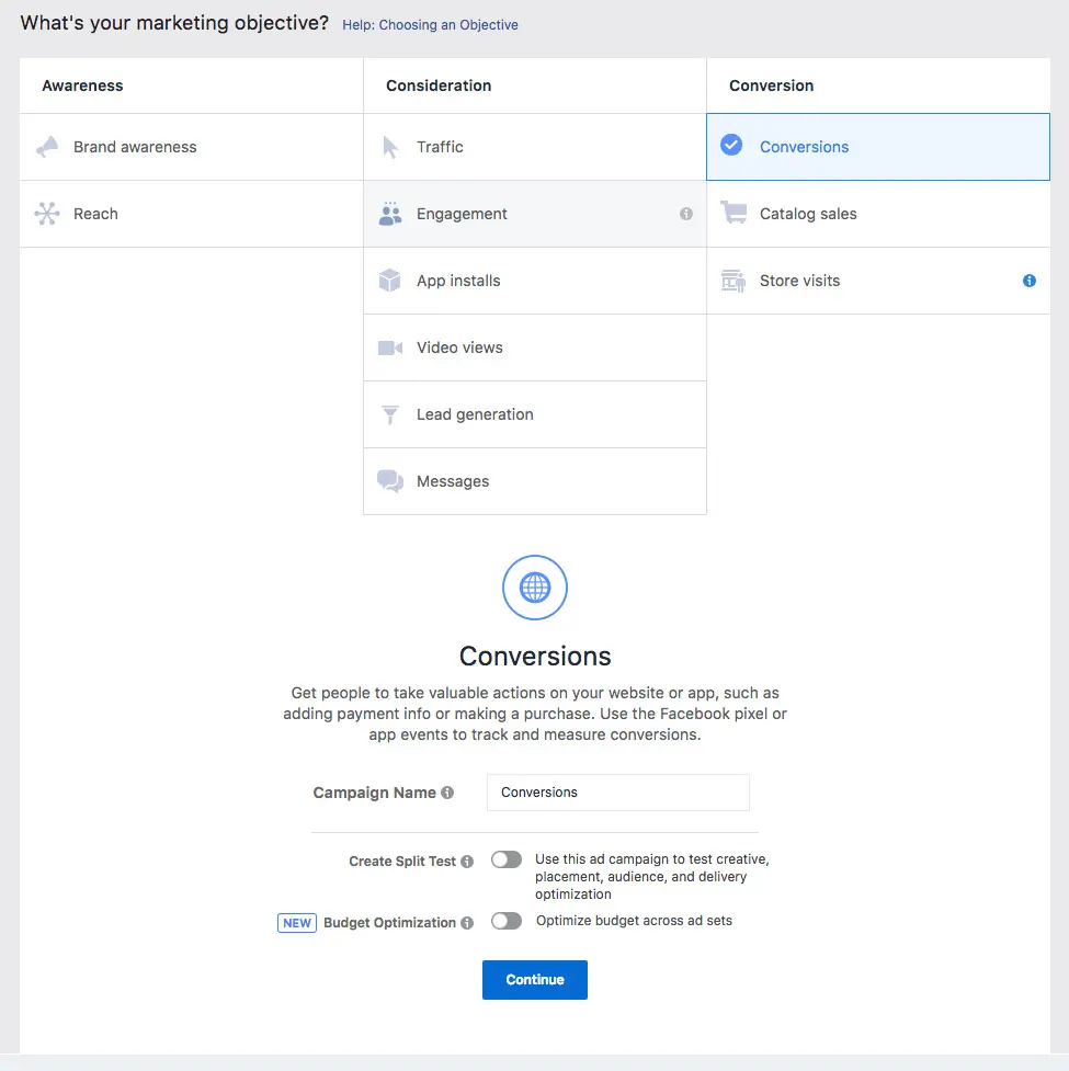 Facebook conversion campaigns selection interface showing conversion objectives and options.