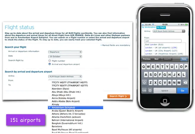 KLM flight search interface with live status updates and user input fields.