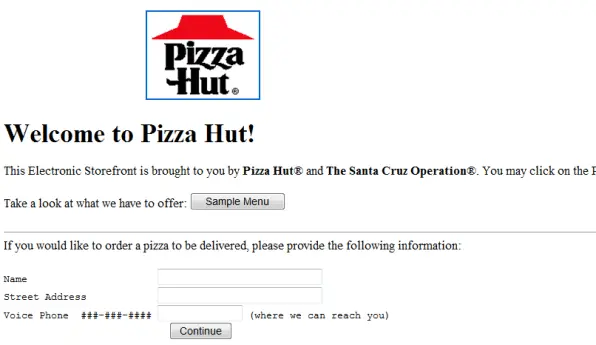 Pizza Hut electronic storefront displaying order information fields.