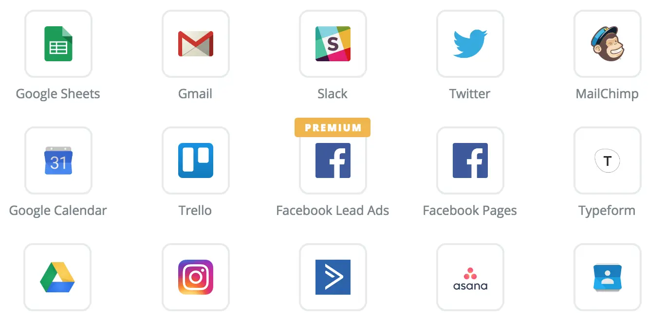 Zapier showing integrations with various tools like Google Sheets, Slack, and Facebook Lead Ads.