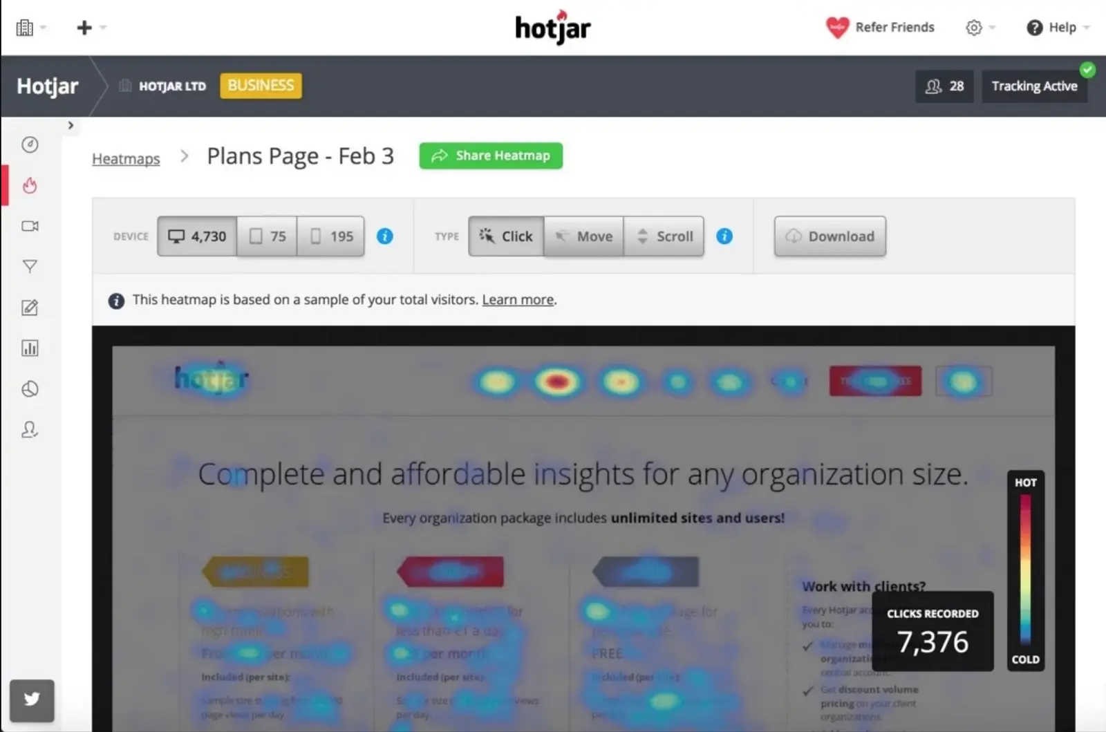 Hotjar heatmap showing user interactions on the plans page.