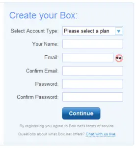 Box.net sign-up form displaying account type and personal information fields.