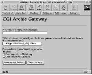 Netscape CGI Archie Gateway search form for querying Archie servers.