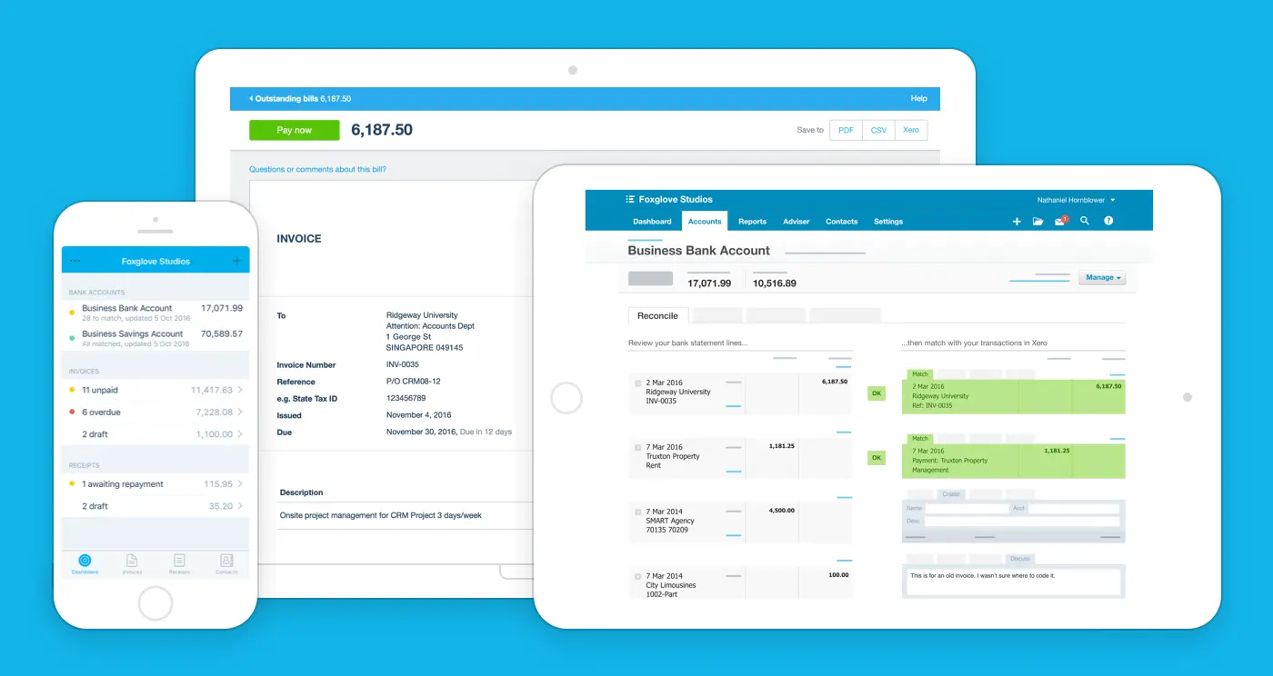 Xero accounting dashboard showing invoices and bank account details.