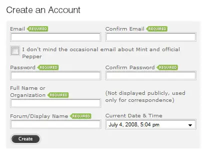 Mint account creation form displaying required fields for user registration.