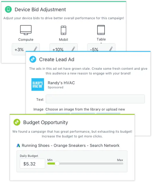 WordStream campaign management showing bid adjustment, lead ad creation, and budget opportunity.