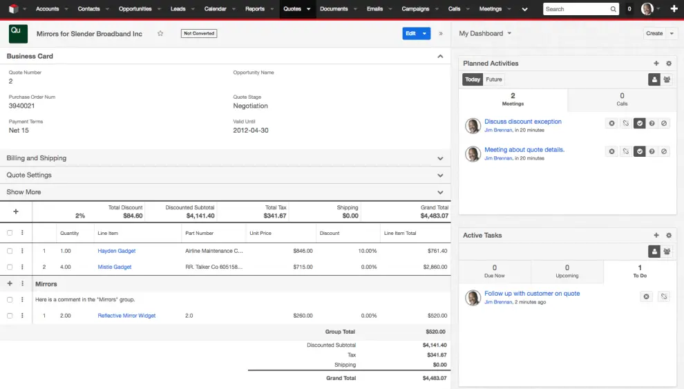 SugarCRM dashboard showing opportunity details and quote information.