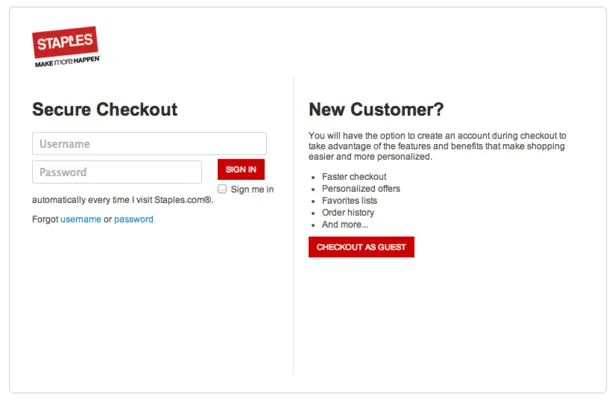 Staples checkout page showing secure login and new customer options.
