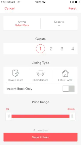 Airbnb mobile app filter interface showing guest selection and price range.
