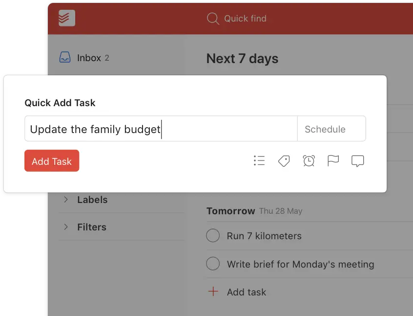 Todoist task management interface showing the quick add feature.
