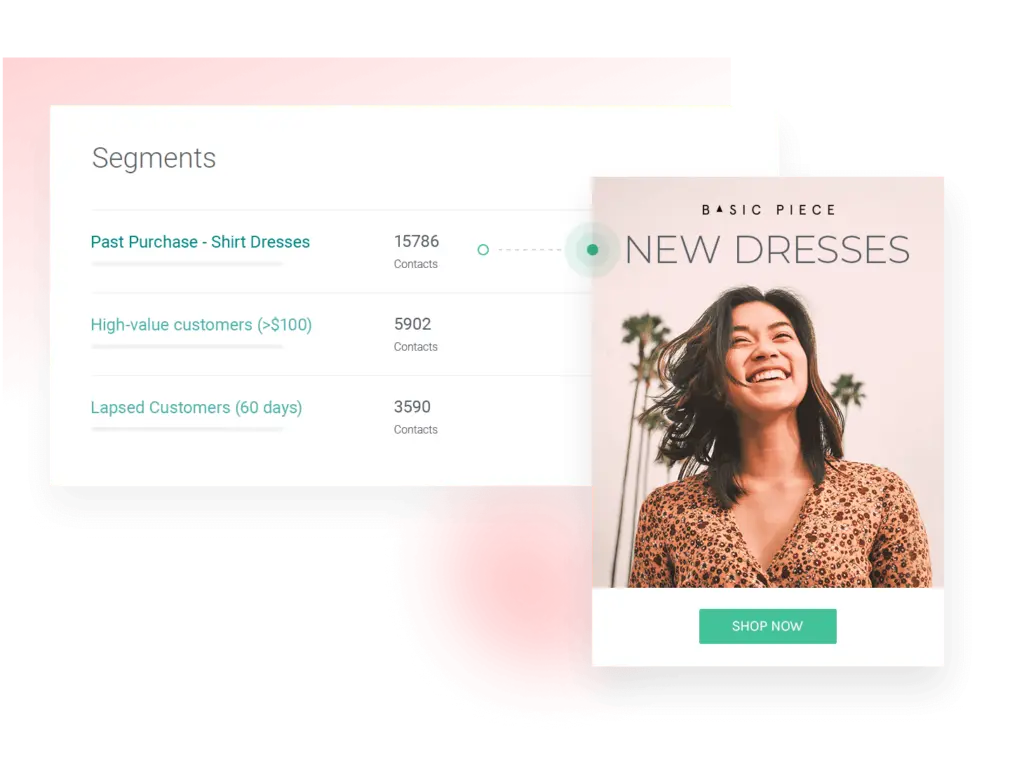 Omnisend customer segmentation interface with past purchase and high-value customer details.