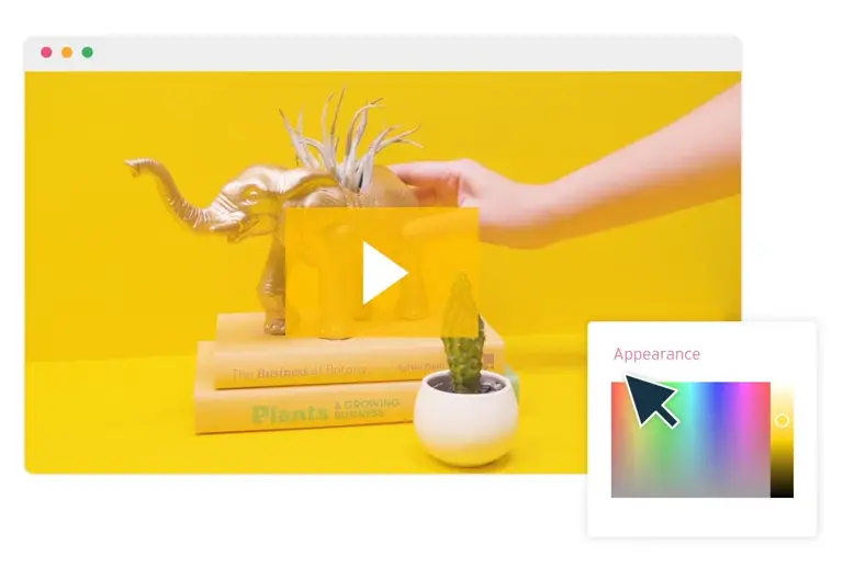 Wistia player interface displaying a gold elephant figurine and color customization options.
