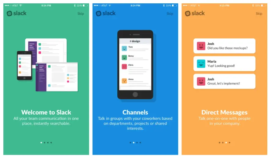 Slack interface showing welcome screen, channels, and direct messages.