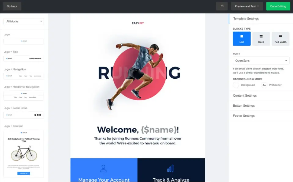 MailerLite email campaign editor showing template design with blocks and customization options.