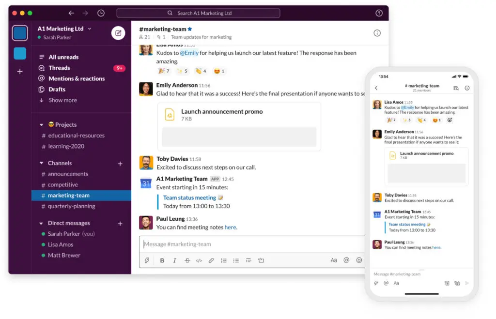 Slack showing team communication and announcement features.