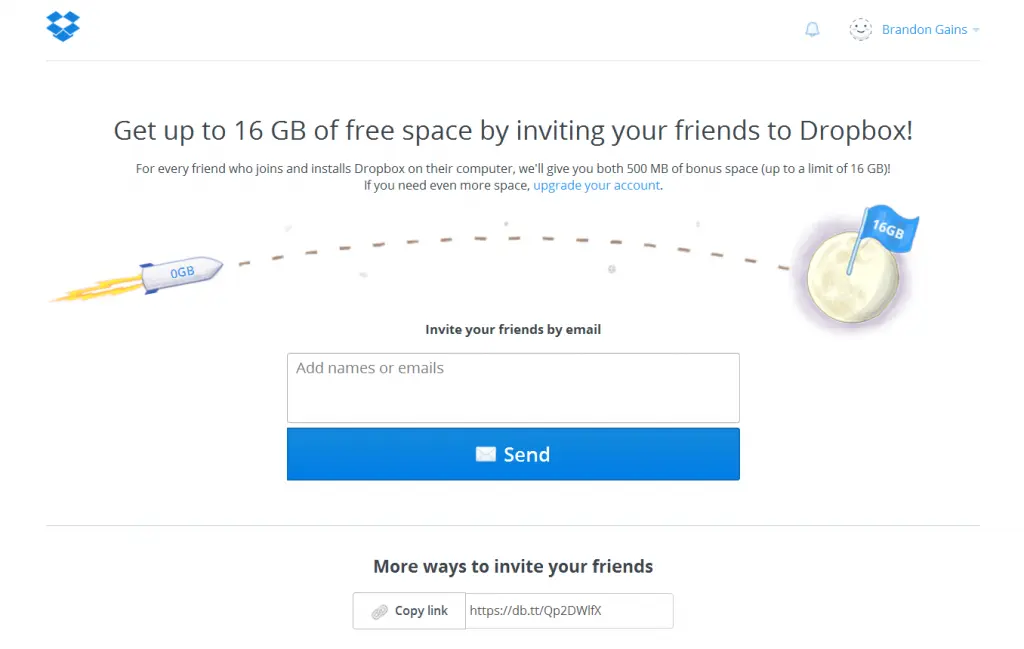 Dropbox referral program showcasing invitation form to earn free space.