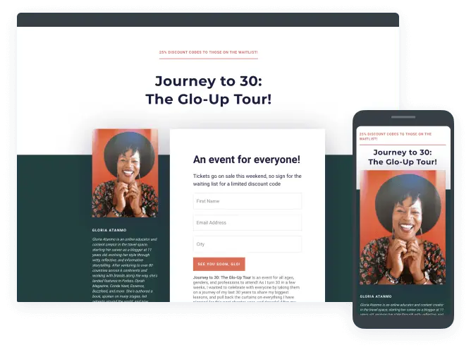 Landing page for the "Journey to 30: The Glo-Up Tour" event.
