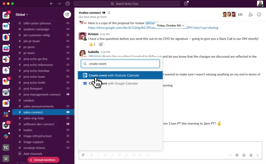 Slack interface showing the event creation feature with calendar integration options.