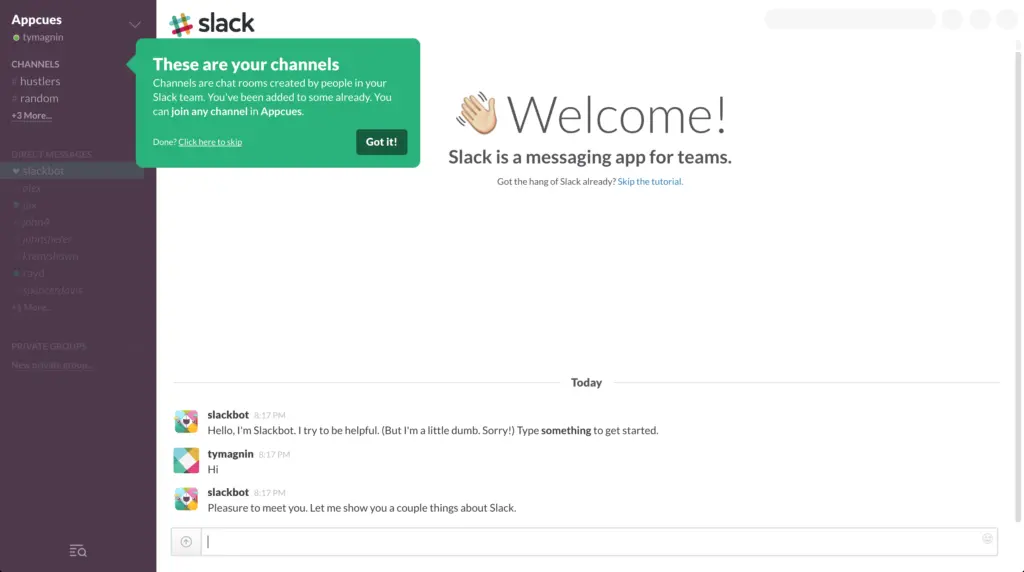 Slack interface showing a welcome message and channel details.