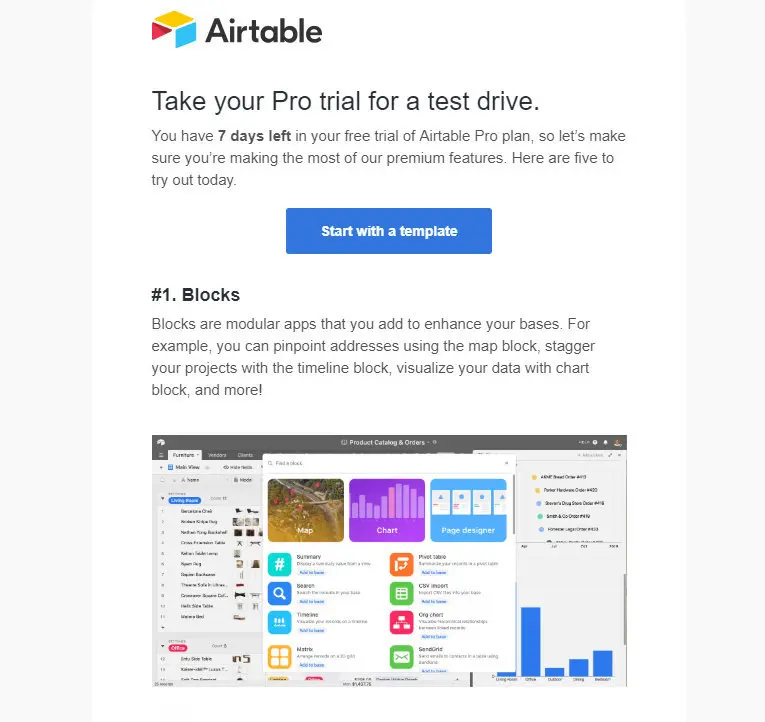 Airtable newsletter promoting Pro trial features and Blocks.