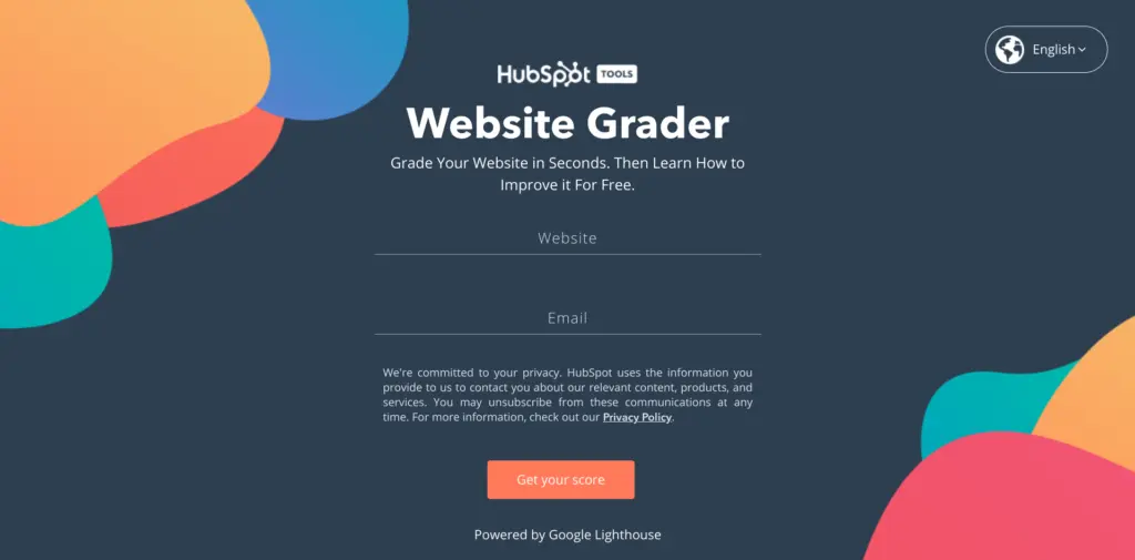 HubSpot Website Grader interface displaying the input fields for website URL and email.