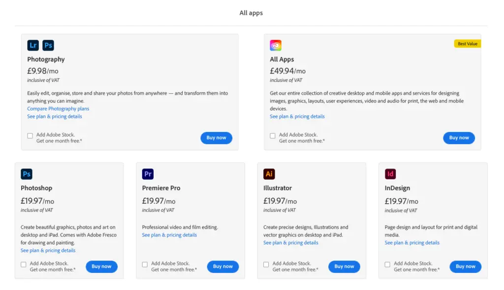 Adobe Creative Cloud app pricing plans with features and costs.