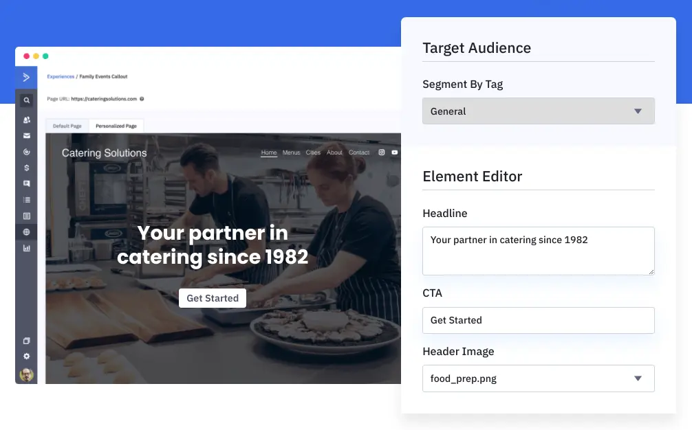 ActiveCampaign personalization editor displaying catering website setup.