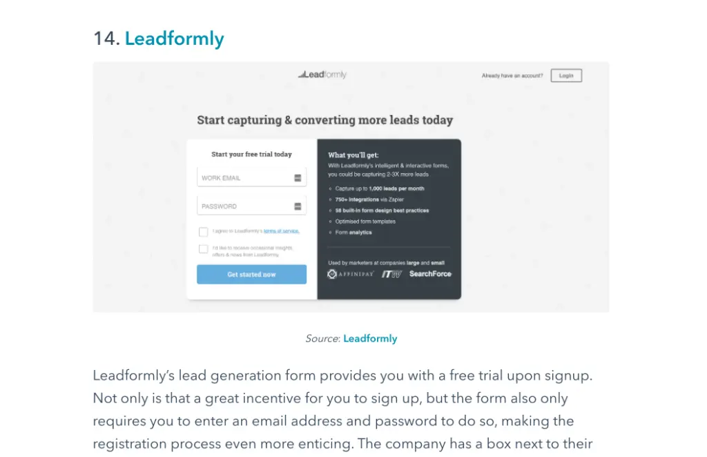 Leadformly lead generation form showing email and password fields.