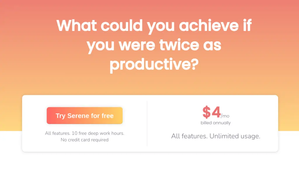 Serene promotional banner offering a free trial and subscription details.